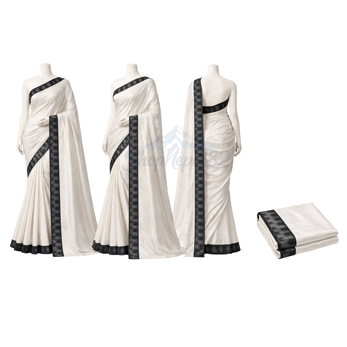 Nepali Dhaka Saree – White Saree with Traditional Dhaka Border – नेपाली ढाका साड़ी (सेतो)