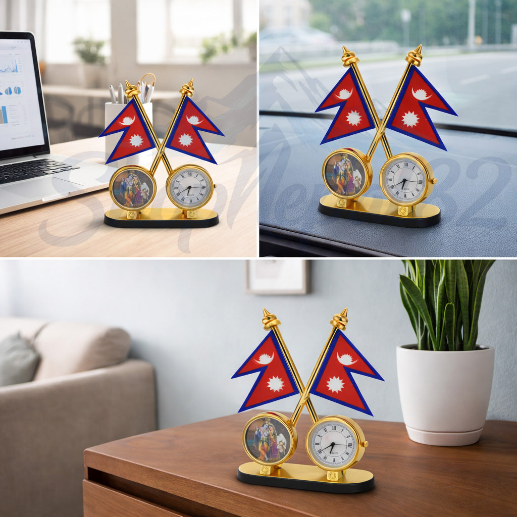 Nepal Flag Double Desk Clock with Decorative Frame – नेपाल झण्डा डबल घड़ी