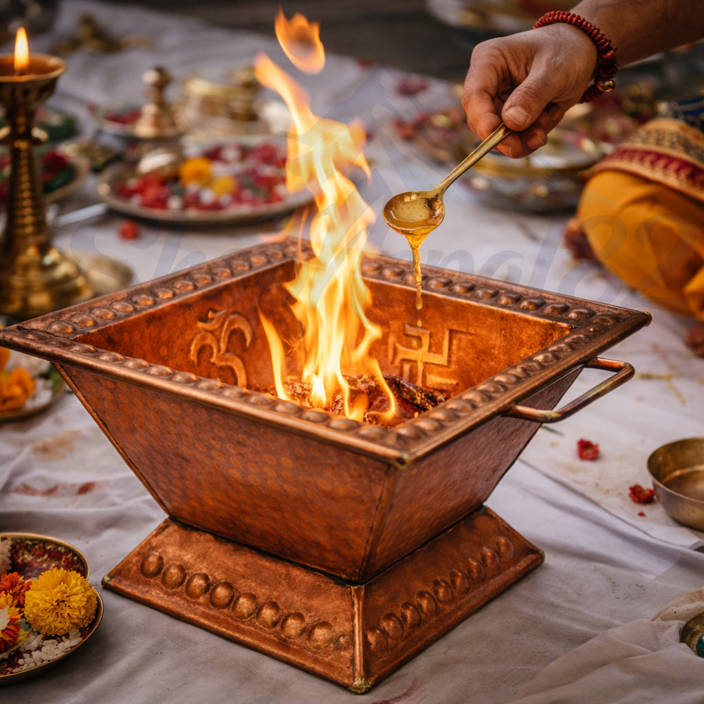 Traditional Copper Havan Kund – Square Puja Fire Pit for Yagya & Rituals – ताम्रे हवन कुण्ड