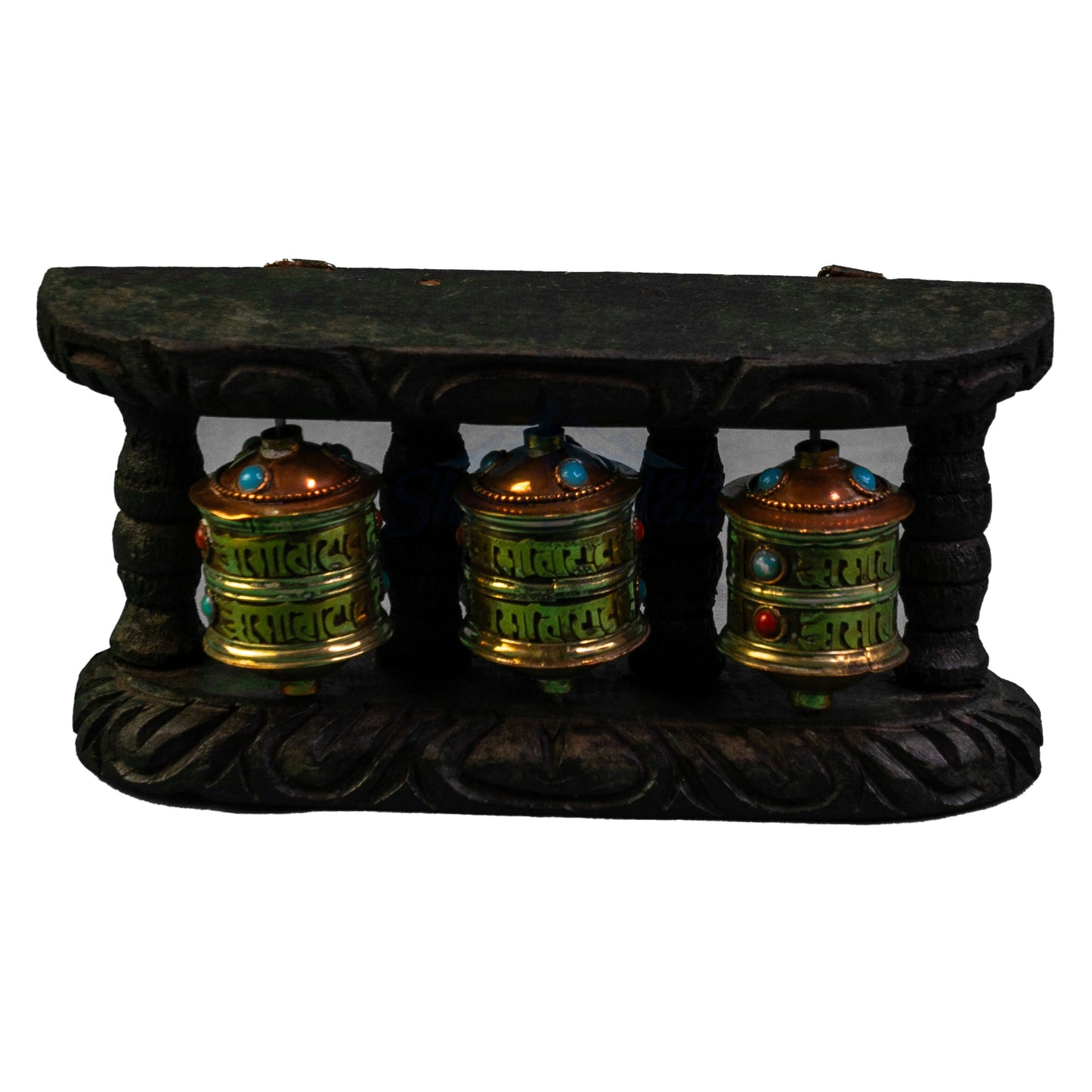 Handcrafted Buddha Wall Shelf with Copper Prayer Wheels – हस्तनिर्मित बुद्ध प्रार्थना चक्र राख्ने दराज