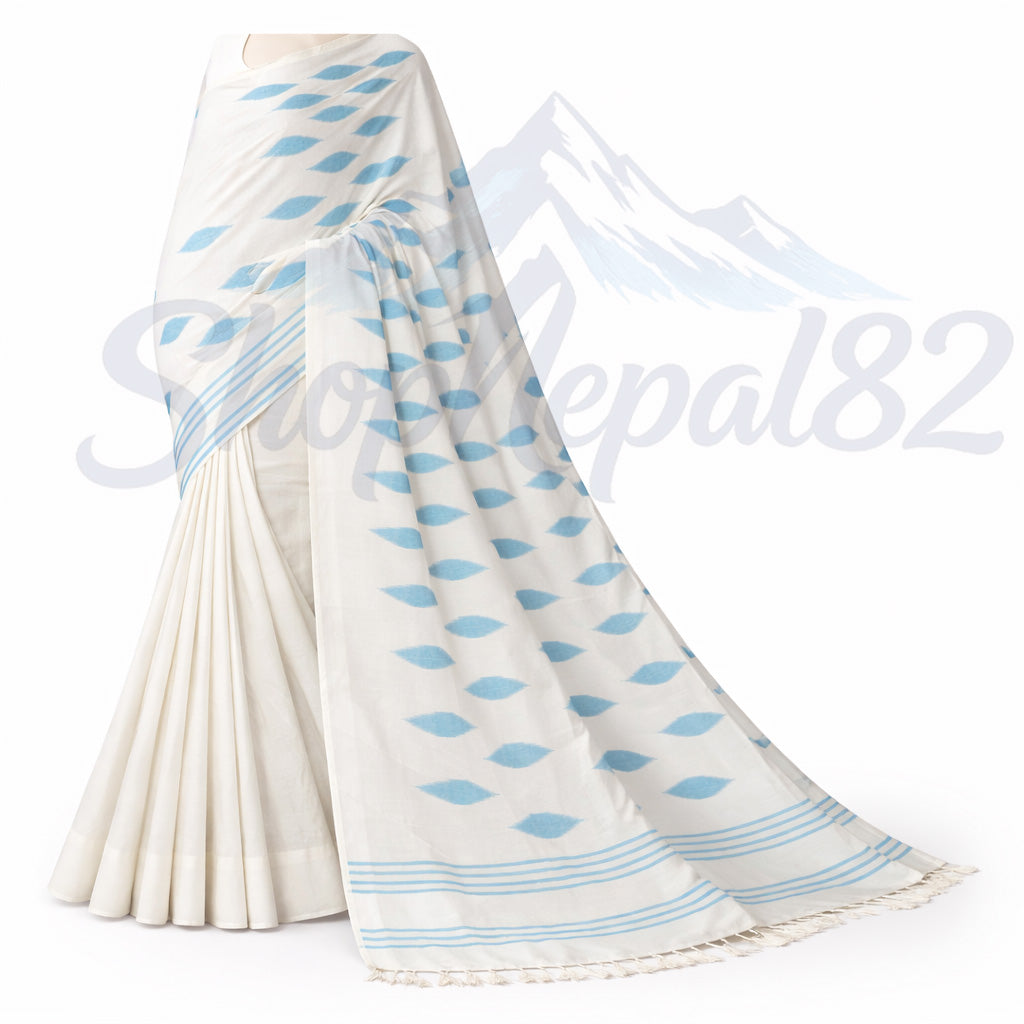 Blue & White Nepali Dhaka Saree – Traditional Ethnic Wear